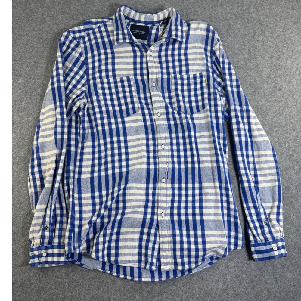 Scotch & Soda Amsterdams Blauw Mens Blue White Checkered Button Down Shirt L